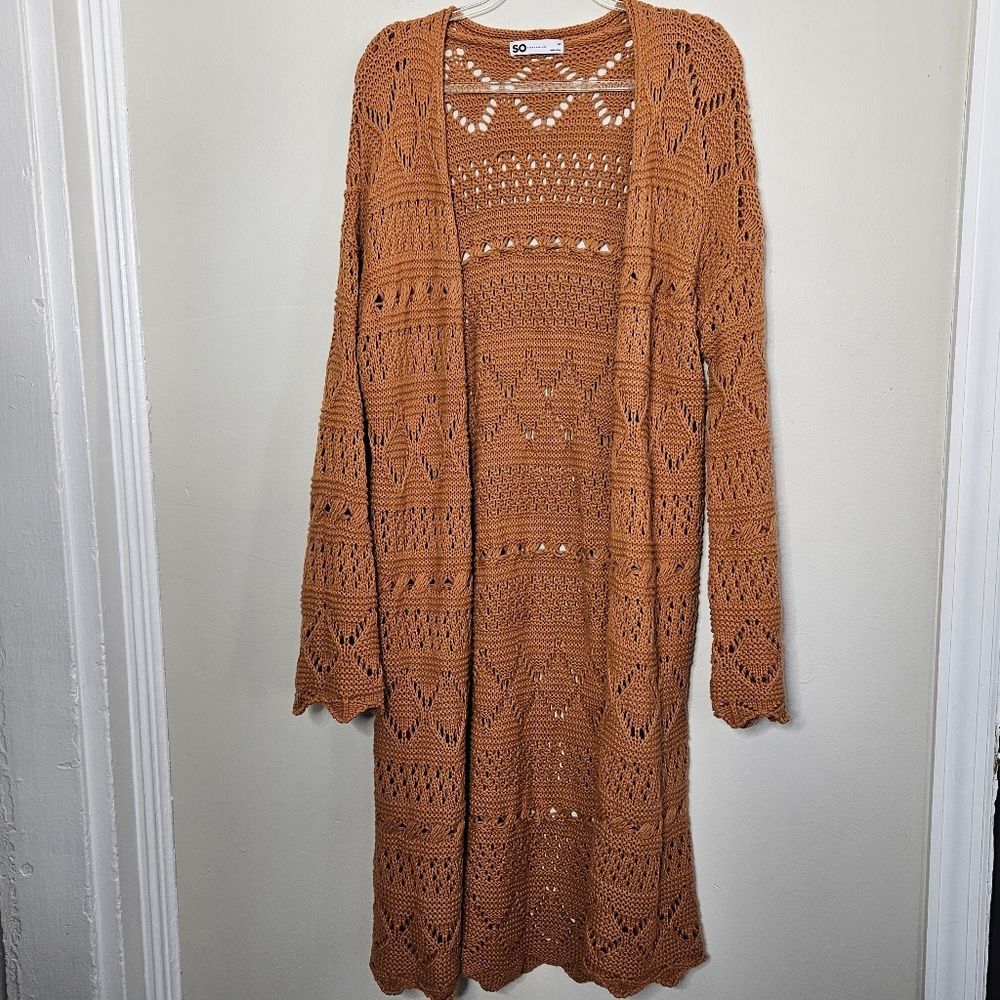 So Mustard Yellow Boho Crochet Stitch Kimono Open Cardigan Wide Sleeve M… - Picture 3 of 10
